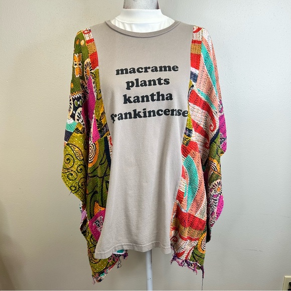 Hippie Boho Festival Short Sleeve Poncho Top Graphic Kantha Granola Girl Whimsy - Picture 11 of 16